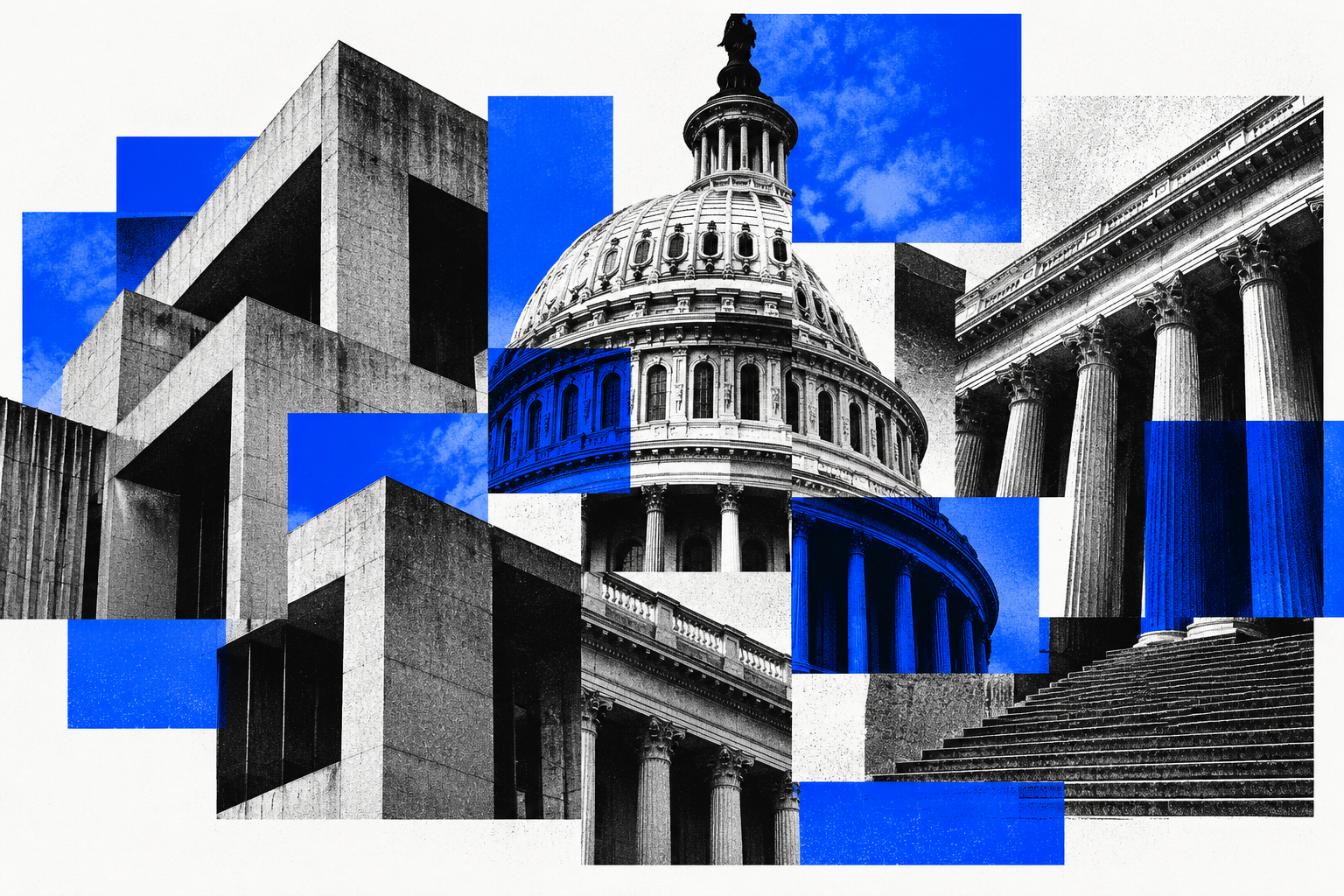 An abstract collage of government architecture fragmented by cobalt blue blocks