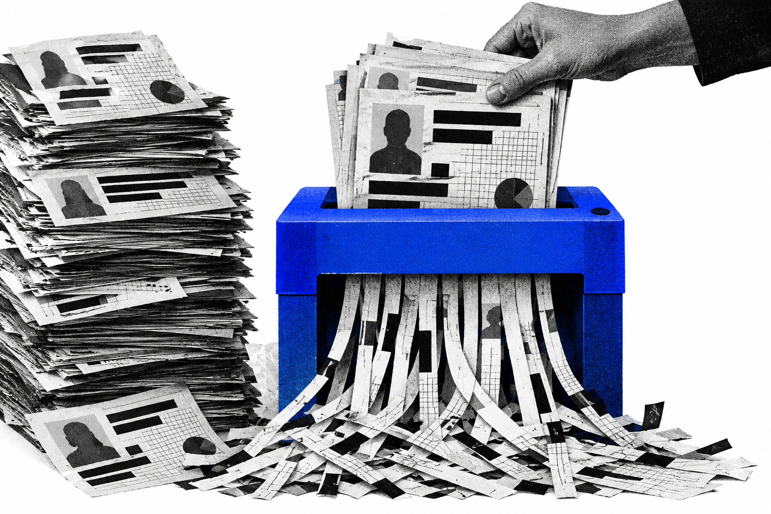 Illustration of a hand feeding personal records into a blue paper shredder beside a tall stack of dossiers.