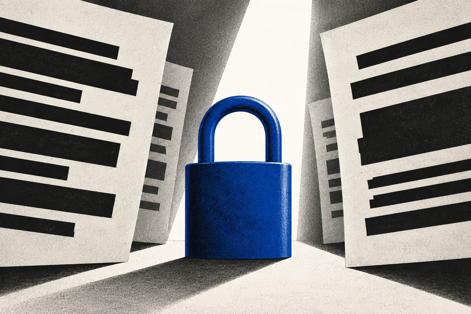 Conceptual illustration of an intact cobalt-blue padlock framed by redacted documents and a shaft of light.